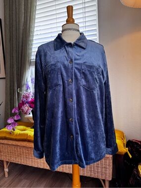 Blue Velour Button-Up oversized shirt brand is Weatherproof Vintage